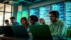 Hire .Net developers engaged in collaborative coding within a modern office setting.