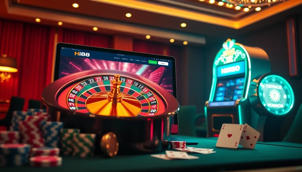 Engage with gaming action at Hi88 online casino featuring poker chips and a roulette wheel.