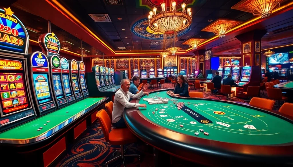 Exciting casino scene featuring poker tables, slot machines, and lively players enjoying games at https://bong99.pro/.