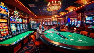 Exciting casino scene featuring poker tables, slot machines, and lively players enjoying games at https://bong99.pro/.
