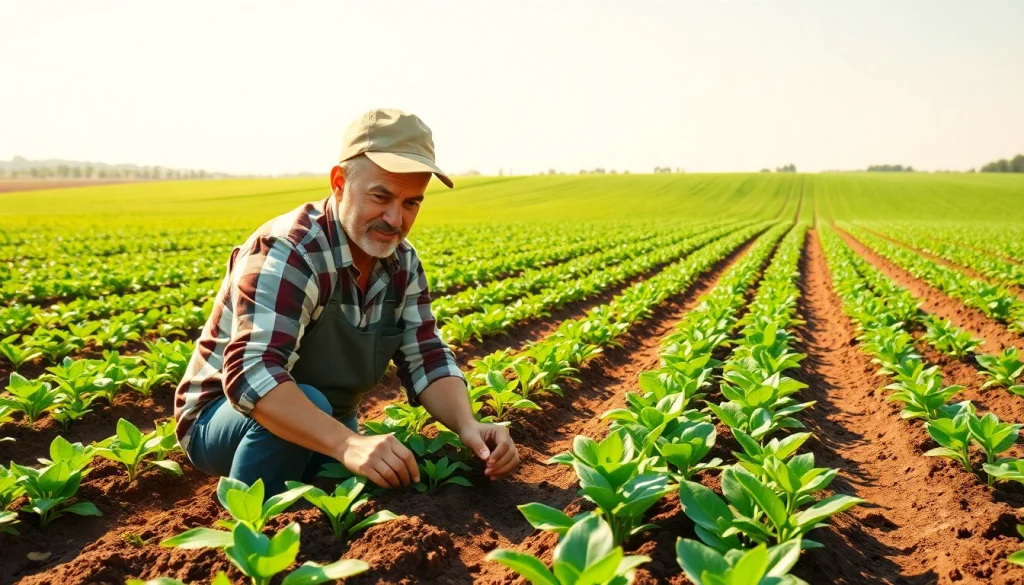 Petani toto sedang menanam biji di ladang subur dengan pemandangan indah di latar belakang