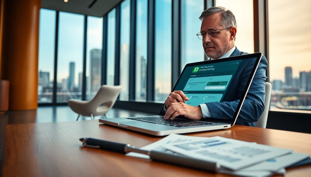 Engaging with td web business banking login in a modern corporate office environment, showcasing professionalism.