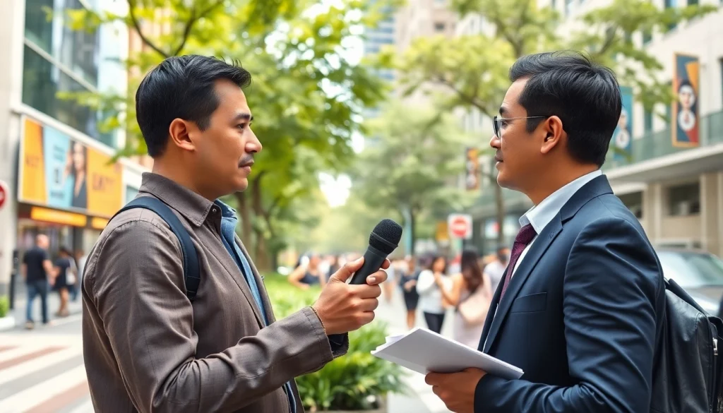 Interviewing a news source about https://news-parade.com.ua in a vibrant urban setting.