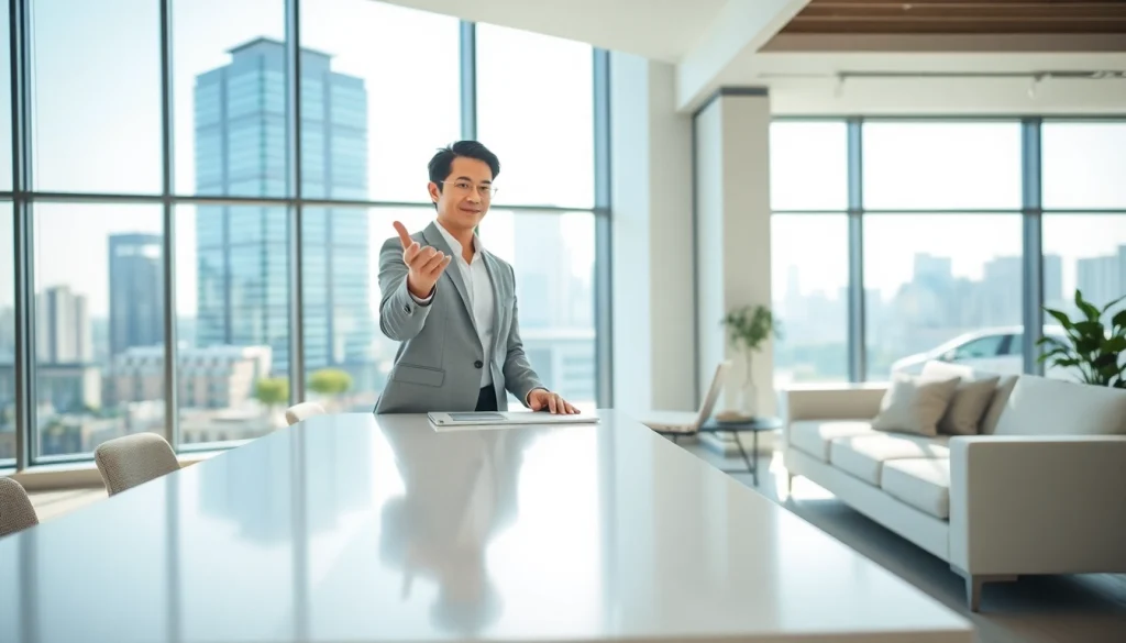 Showcase a real estate agent engaging clients in a vibrant office environment.