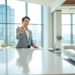 Showcase a real estate agent engaging clients in a vibrant office environment.