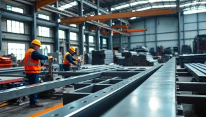 Workers executing precise structural steel fabrication in a bustling workshop, showcasing skilled craftsmanship.