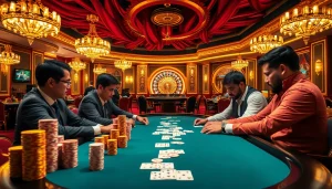 Bongdalu 5 casino scene showcasing professional poker players and vibrant elements of high-stakes gambling.