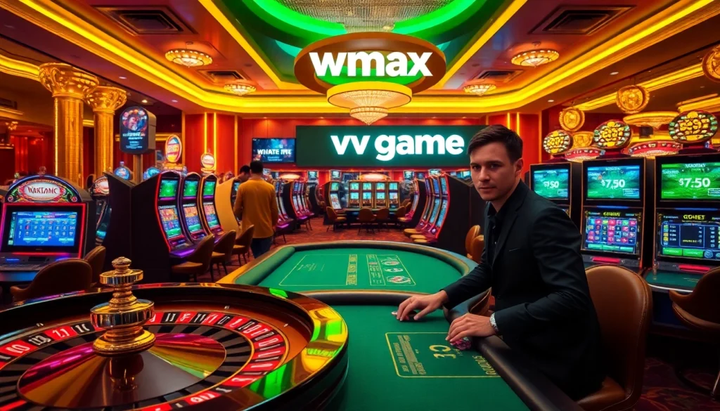 Engage in the vmax game at a luxurious casino featuring roulette and vibrant slot machines.