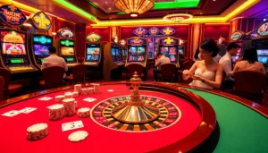 Players enjoying a vibrant game at Nhà Cái 32WIN casino, showcasing excitement and luxury.