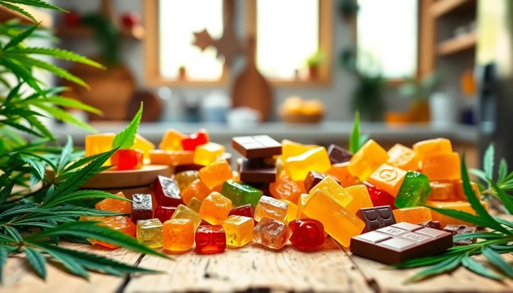 Delicious assortment of wholesale cbd edibles beautifully arranged on a wooden table.
