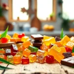 Delicious assortment of wholesale cbd edibles beautifully arranged on a wooden table.