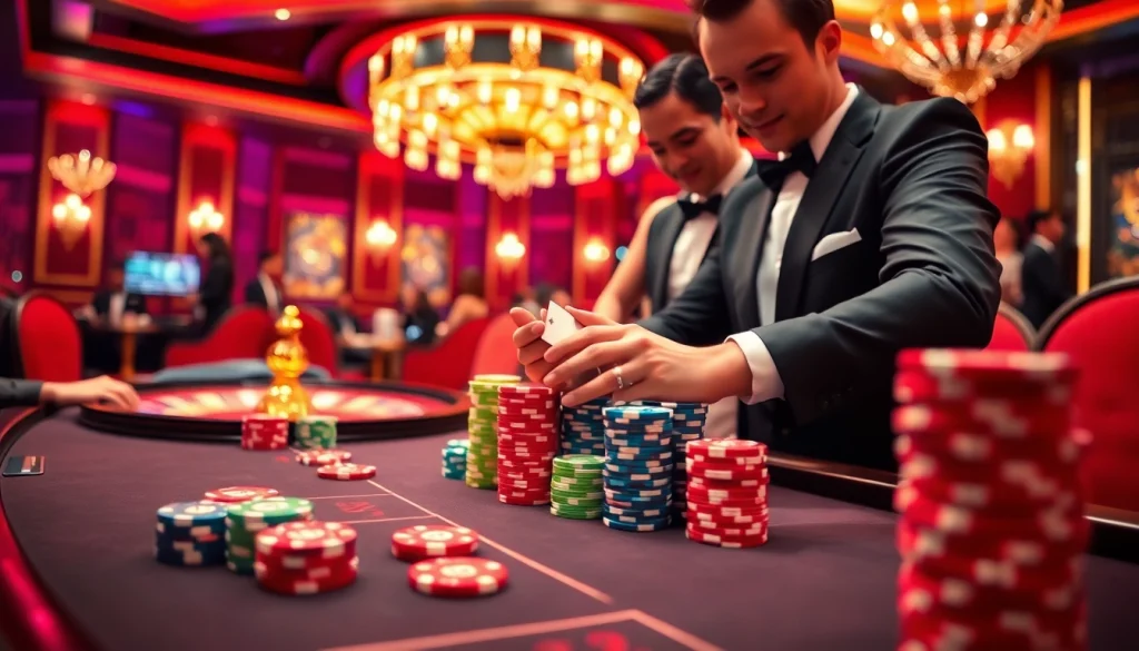 Engaging poker game scene at nhà cái s8 with vibrant chips and professional dealer.