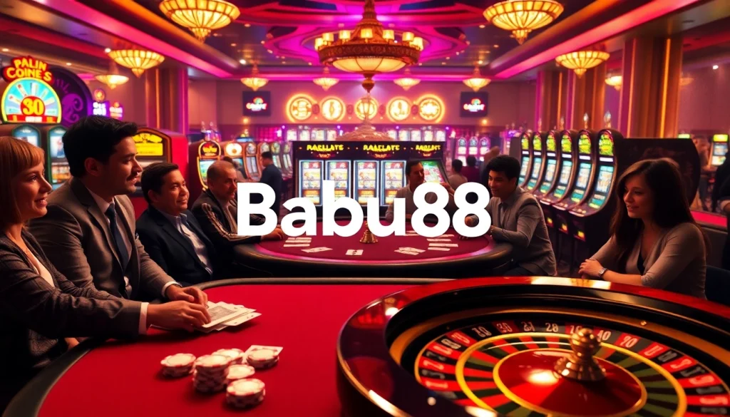 Babu88 Casino scene showcasing poker and vibrant slots, capturing excitement and elegance.