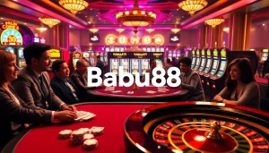 Babu88 Casino scene showcasing poker and vibrant slots, capturing excitement and elegance.
