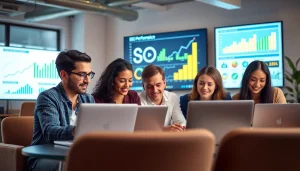 Team collaborates on SEO strategies in a modern office setting, showcasing effective digital marketing.