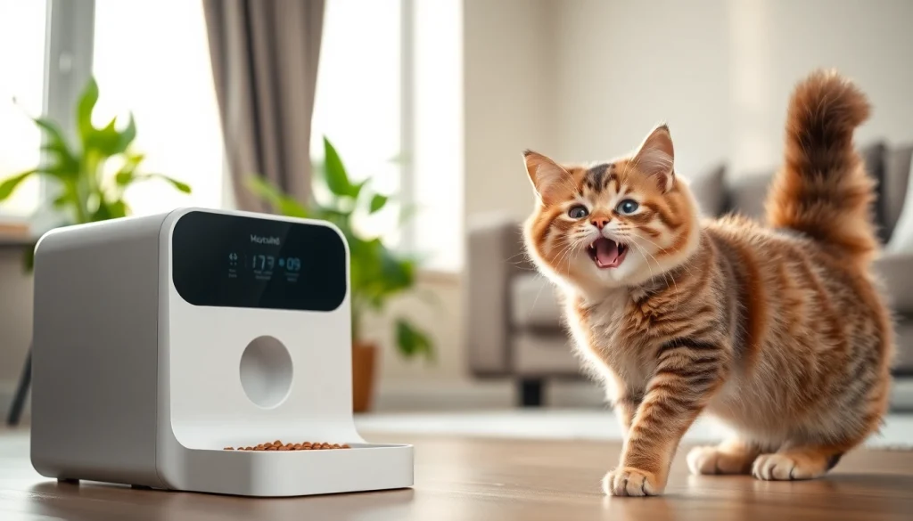 Cat enjoying its automatic cat feeder in a bright and cozy living room setting.