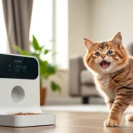 Cat enjoying its automatic cat feeder in a bright and cozy living room setting.