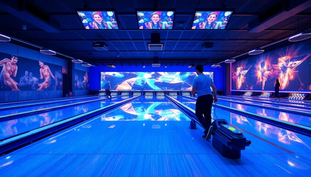 Modern bowling alley showcasing advanced bowling equipment manufacturer technology and vibrant atmosphere.