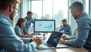 wps下载 promotes collaboration in a modern office space with WPS Office software displayed.