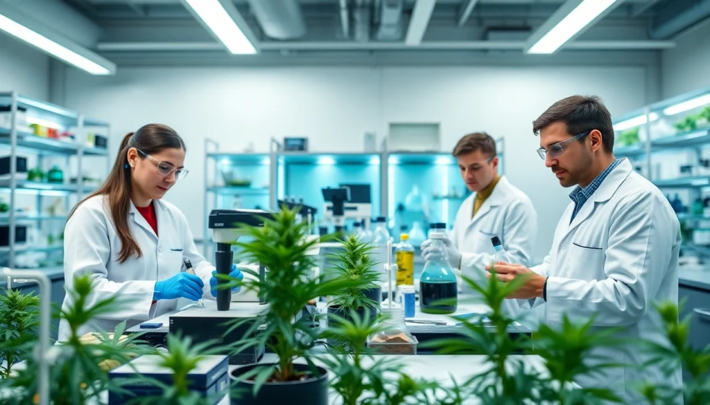 Win55 research in a modern lab with scientists, advanced equipment, and plants.