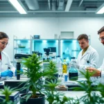 Win55 research in a modern lab with scientists, advanced equipment, and plants.