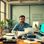 Showcasing the achievements of an indian entreprenure in a vibrant office setting.