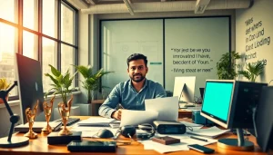 Showcasing the achievements of an indian entreprenure in a vibrant office setting.