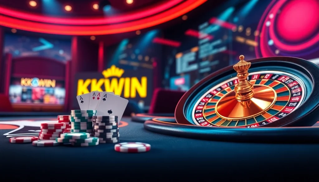 Experience thrilling gaming at https://kkwin.diy/ with exciting poker chips and roulette wheels in a lively casino atmosphere.