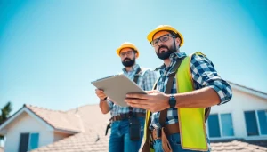 Trouver couvreur expert inspectant un toit résidentiel avec équipement de sécurité.