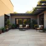 Carrelage extérieur élégant sur une terrasse moderne, présentant des tons naturels et un design raffiné.