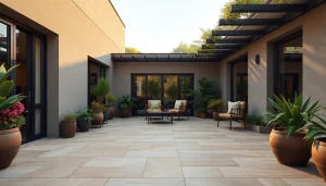 Carrelage extérieur élégant sur une terrasse moderne, présentant des tons naturels et un design raffiné.