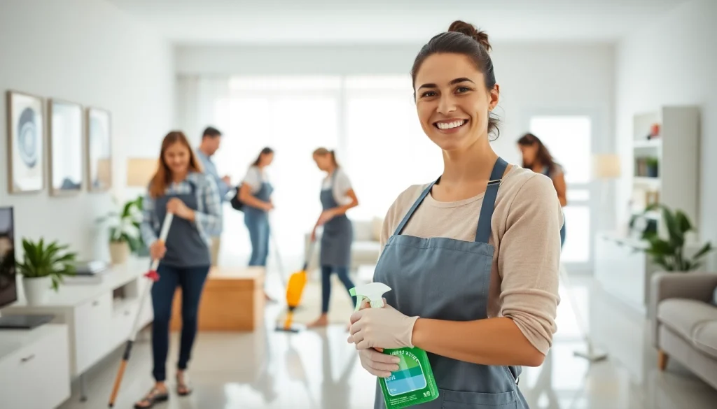 Demonstrating a Cleaning service while team members efficiently clean a bright and modern interior space.