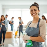 Demonstrating a Cleaning service while team members efficiently clean a bright and modern interior space.