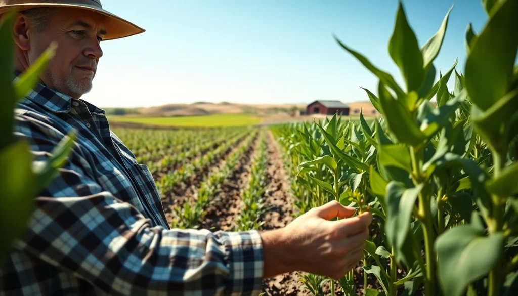 Explore agricultural law with a farmer examining crops in a vibrant field, emphasizing expertise and dedication.