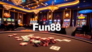 Experience an exciting gaming environment with Fun88 poker tables and vibrant casino elements.