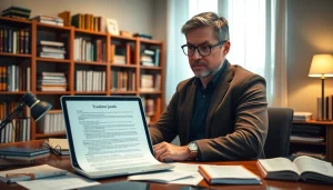 Professional translator (traductor jurado) at work translating legal documents in a modern office setting.
