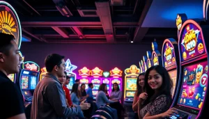 Exciting scene of players engaging with hoki138 pro slot machines in a vibrant gaming environment.