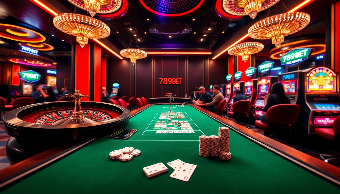Experience the excitement of 789BET with a luxurious casino scene filled with roulette and poker action.