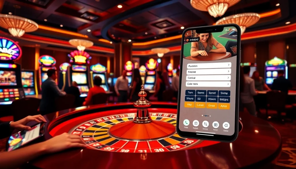 Excited gamblers engaging in an indibet login at a luxurious casino with vibrant slot machines.