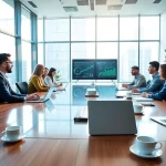 Engaging business team collaborating in a modern office environment, showcasing effective teamwork.