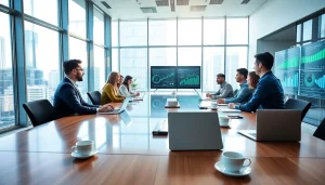 Engaging business team collaborating in a modern office environment, showcasing effective teamwork.