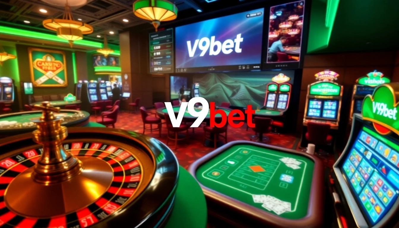 Experience the thrill of V9bet with a luxurious casino scene featuring vibrant tables and excitement.