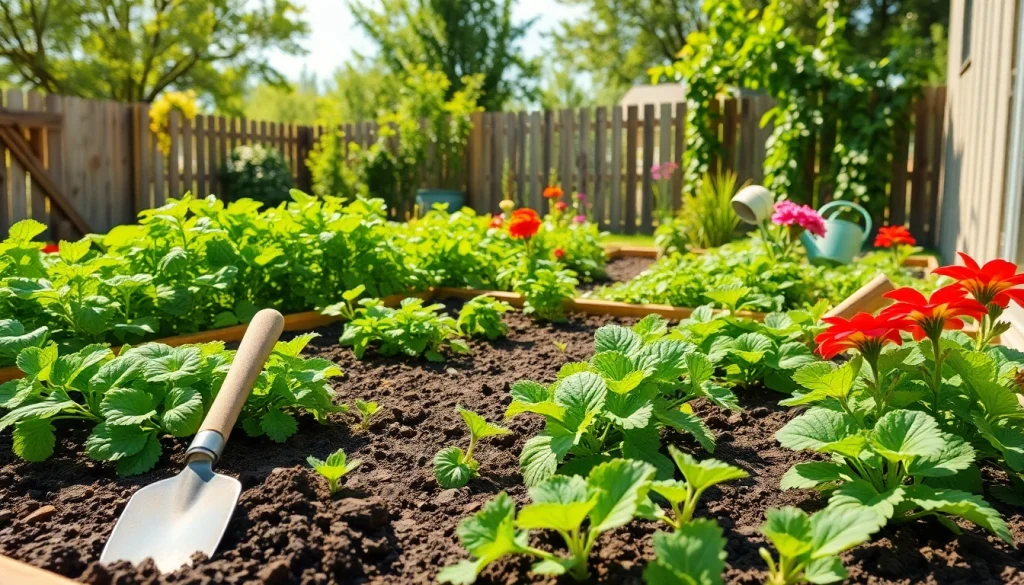 Gardening tools and vibrant plants in a beautifully maintained vegetable garden.