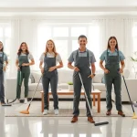 Showcasing a cleaning service professional sanitizing a home environment with a friendly demeanor.