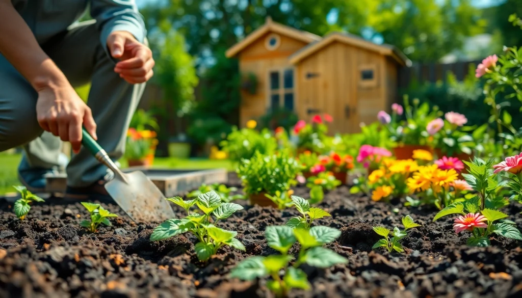 Gardening scene with a gardener planting seedlings in colorful backyard with flowers and herbs.