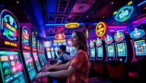 Adegan permainan Birutoto yang penuh semangat dengan mesin slot berwarna-warni dan pemain yang antusias di lingkungan kasino yang hidup.