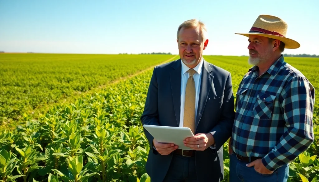 Engaging consultation on agricultural law between an attorney and a farmer in a scenic field.