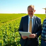 Engaging consultation on agricultural law between an attorney and a farmer in a scenic field.
