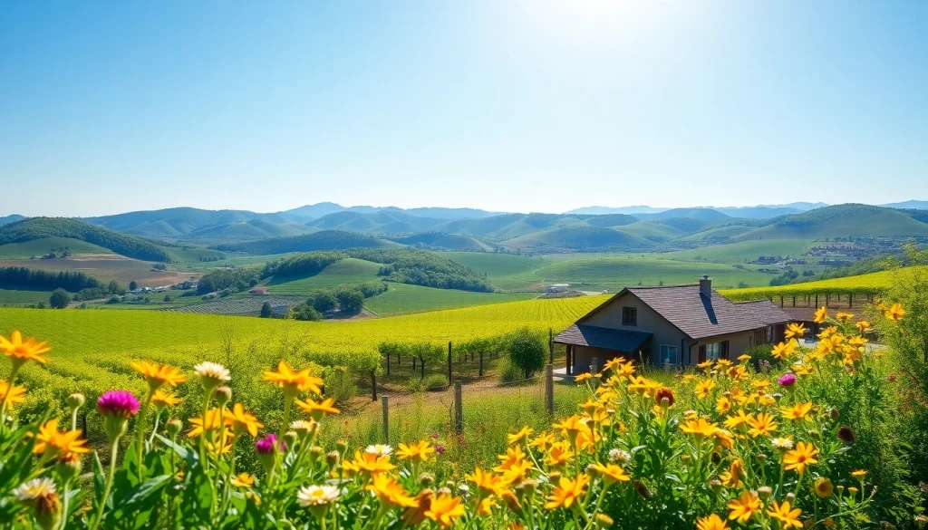 Captivating view of Clarksburg CA with vineyards and wildflowers under a sunny sky.