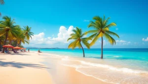 Travel destinations featuring a sunny beach scene with turquoise waters and palm trees.